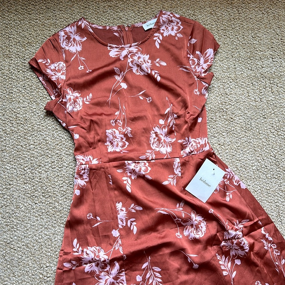 Large Modest Bohme Maxi Dress in Rust with pale pink flowers.